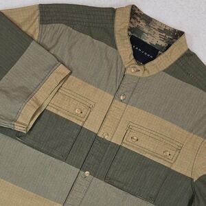 Sean John XL Ripstop Shirt Green Tan Striped Band Collar Y2K Streetwear Gorpcore